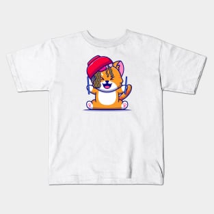 Cute Cat With Ramen Noodle Bowl And Chopstick Cartoon Kids T-Shirt